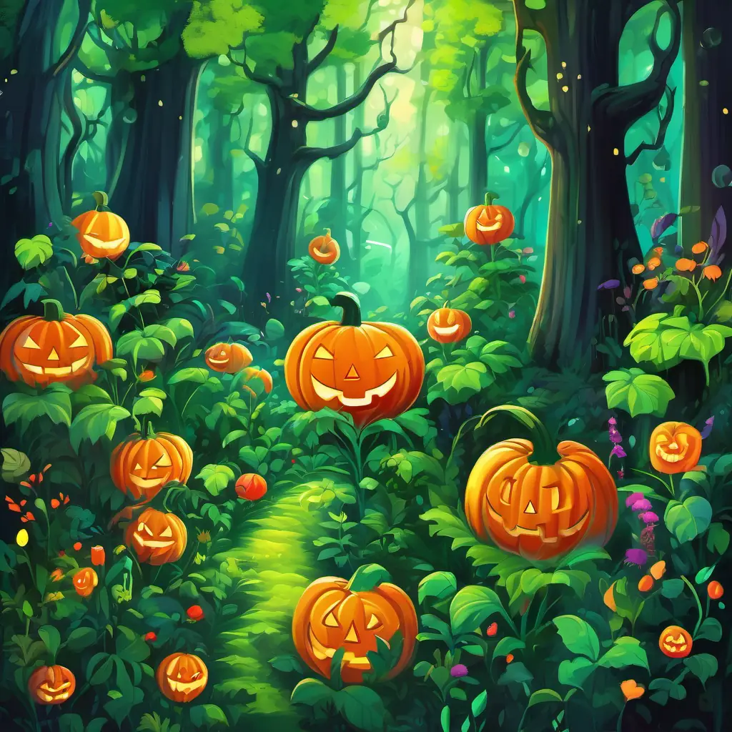 The story starts in a lush green forest, filled with tall trees and colorful flowers. The plant cells are depicted as little round characters with smiling faces, each having a different vibrant color. The mischievous weed is portrayed as a dark and menacing figure, with long twisting vines.