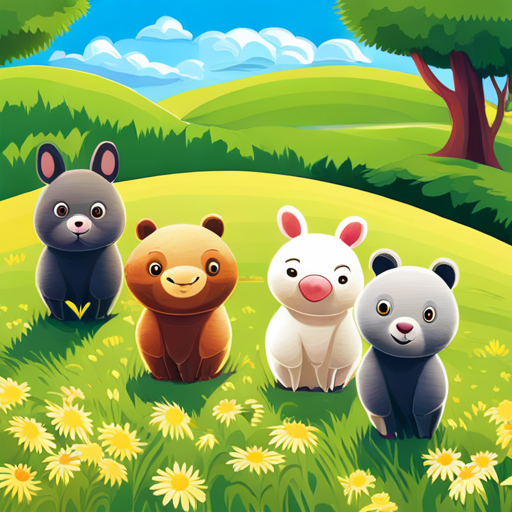 Four animal friends in a grassy field