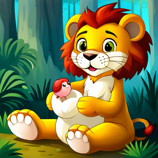 Lucy the lion holding a baby bird