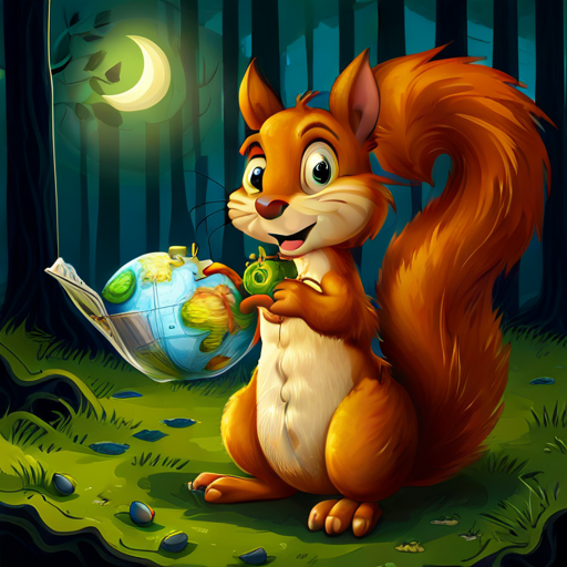 Sammy the squirrel with an acorn and a map