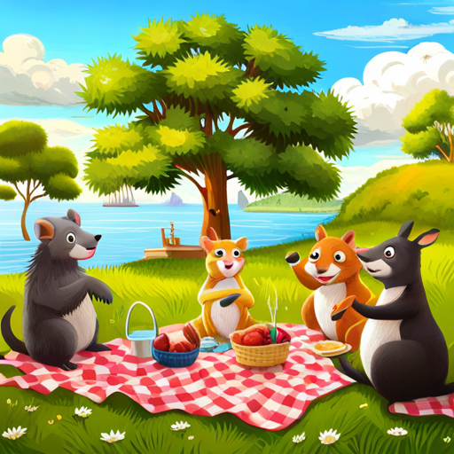 Four animal friends having a picnic