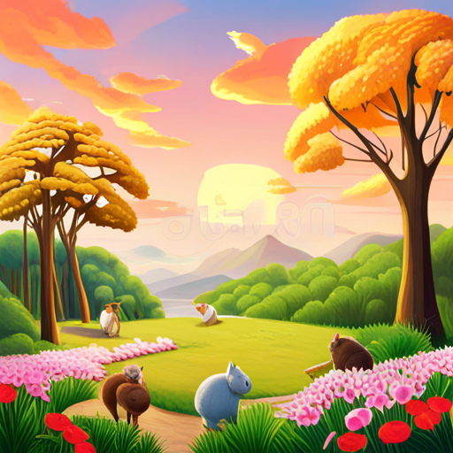 Four animal friends surrounded by a beautiful environment