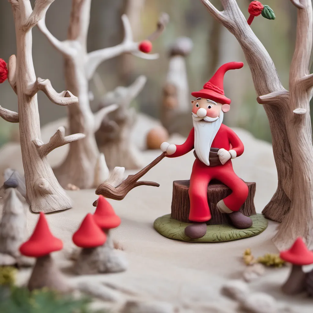 A merry woodcutter with a bright red hat, smiling cheerfully in a whimsical woodland setting.