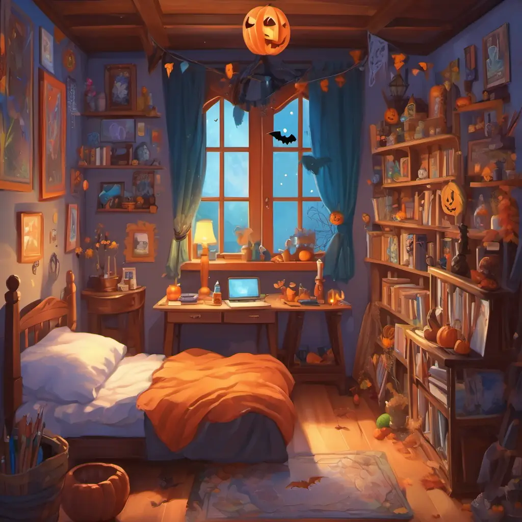 A little girl with bright blue eyes and curly brown hair's cozy bedroom, filled with art supplies and paintings hanging on the walls.