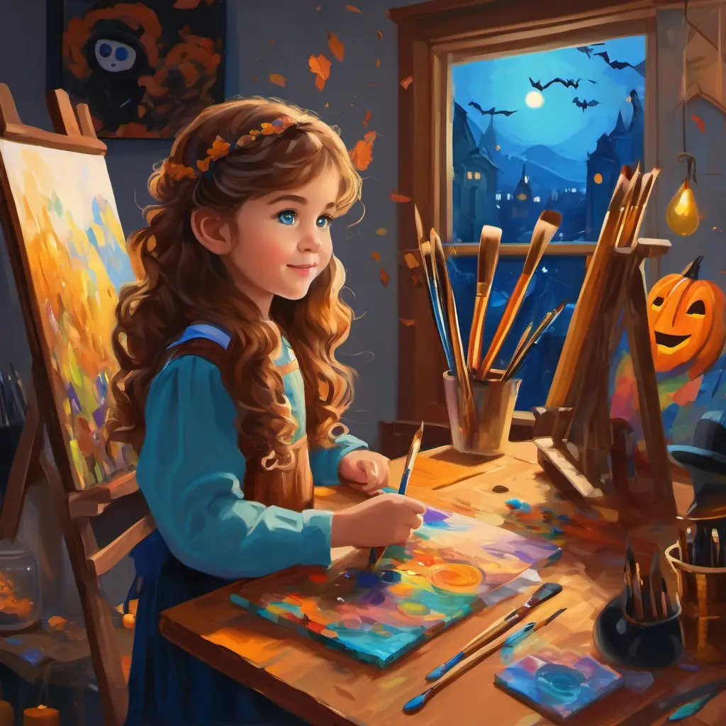 A little girl with bright blue eyes and curly brown hair's art studio, with colorful paintbrushes, a canvas, and a poster of the art competition.