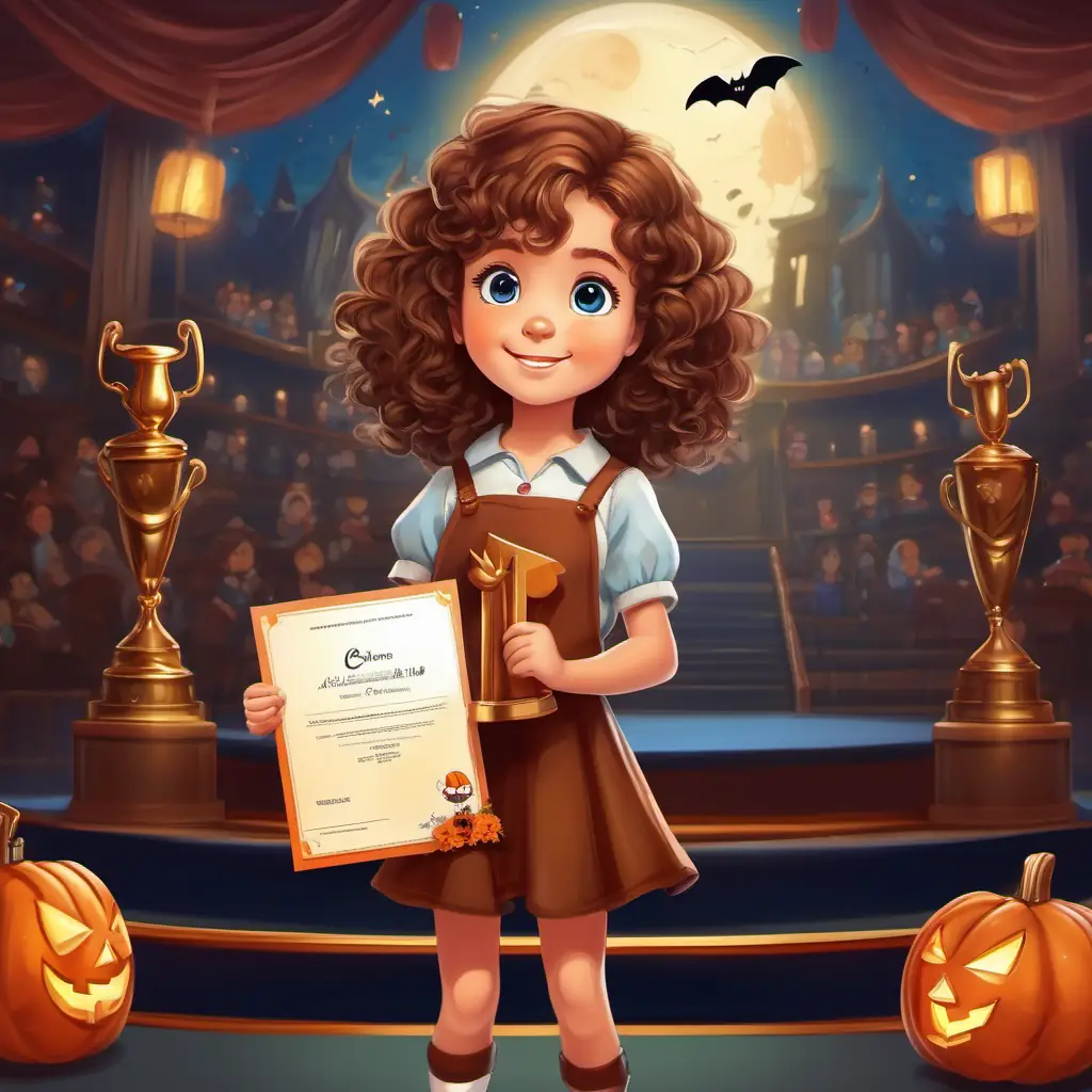 A little girl with bright blue eyes and curly brown hair, standing on a stage, receiving a trophy and a certificate of achievement.