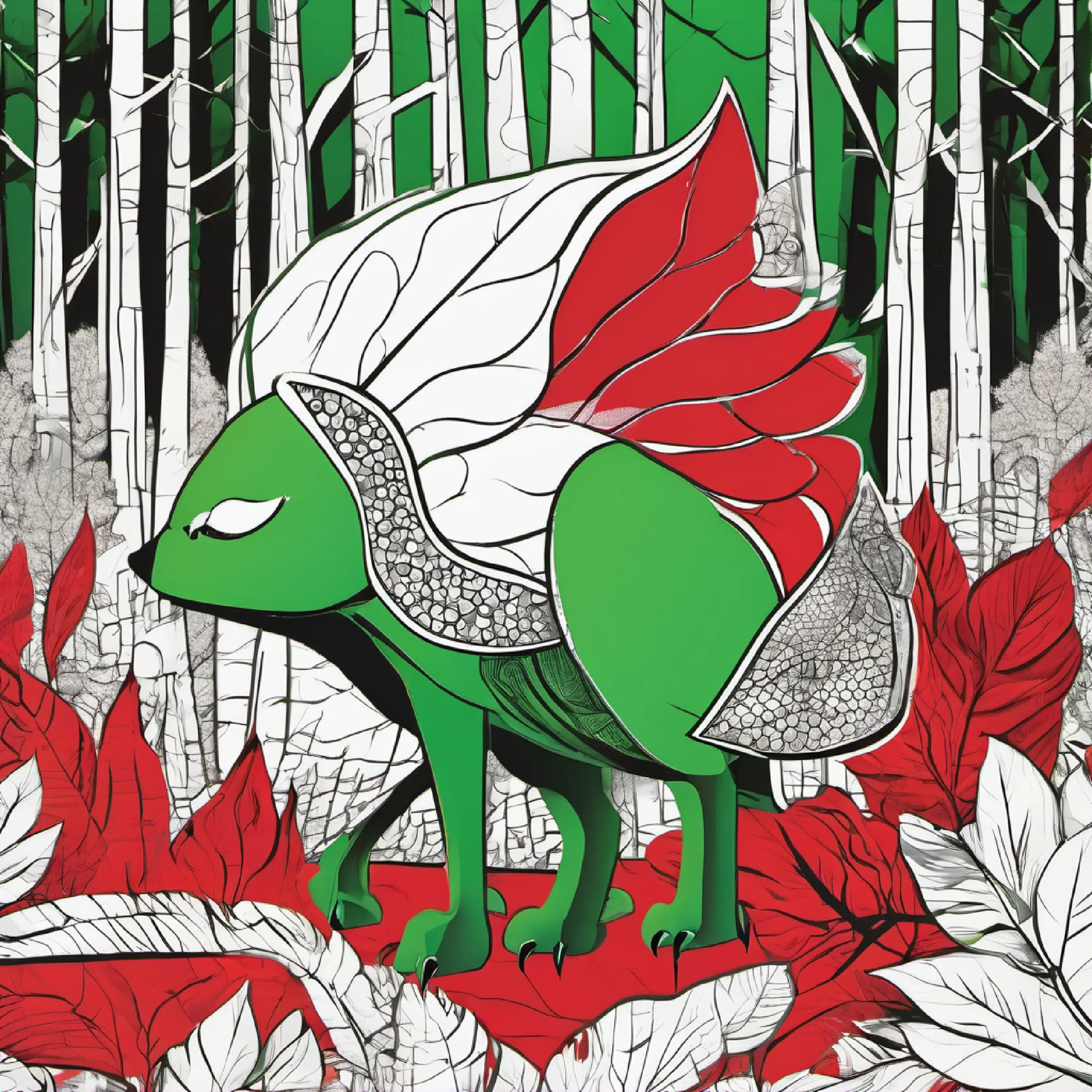 Introducing the injured Injured, bright green scales, eyes filled with wisdom, alone in the forest.