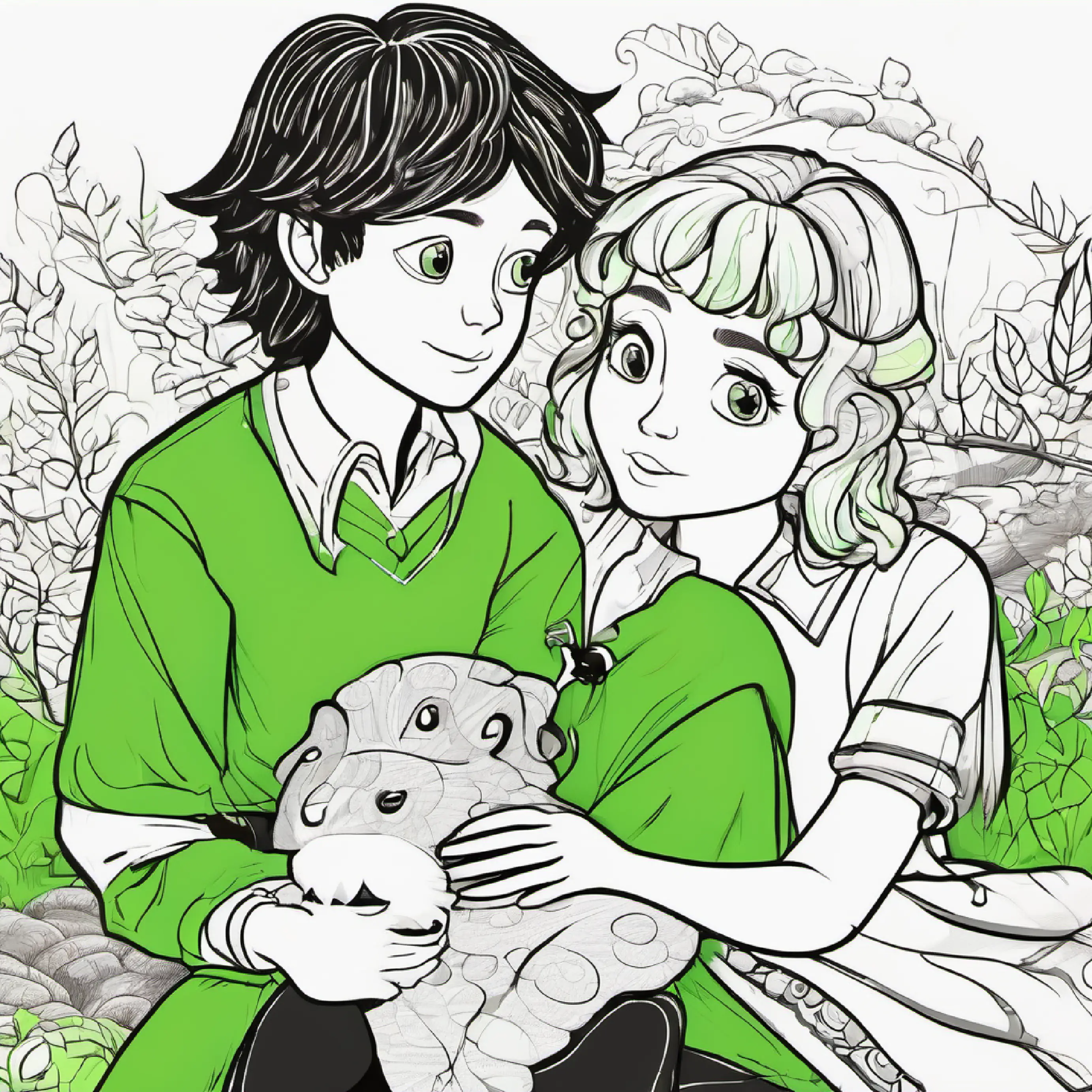 Cheerful, hazelnut hair, caring hazel eyes discovers the Injured, bright green scales, eyes filled with wisdom, begins to comfort him.