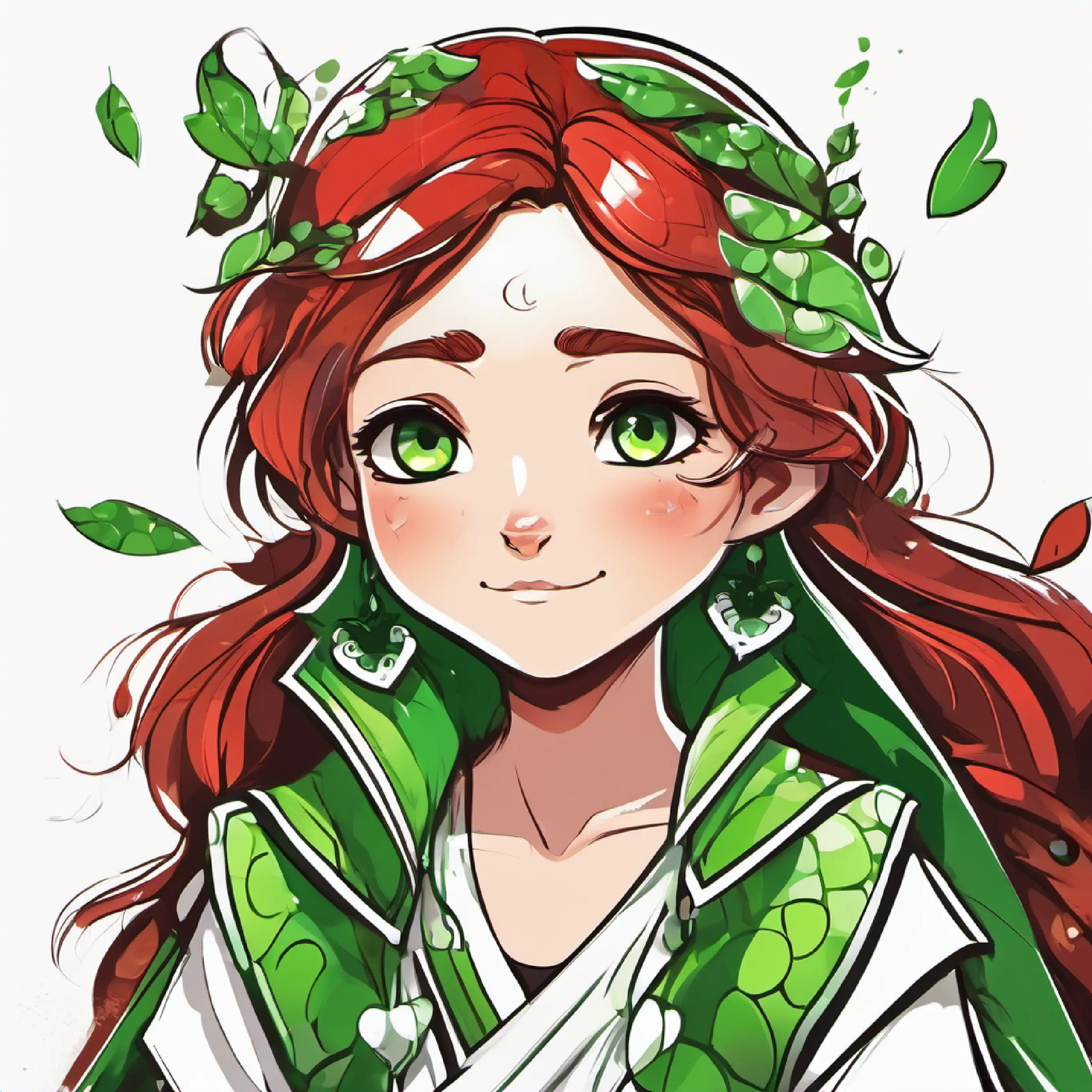 Cheerful, hazelnut hair, caring hazel eyes taking care of the Injured, bright green scales, eyes filled with wisdom's wounds.