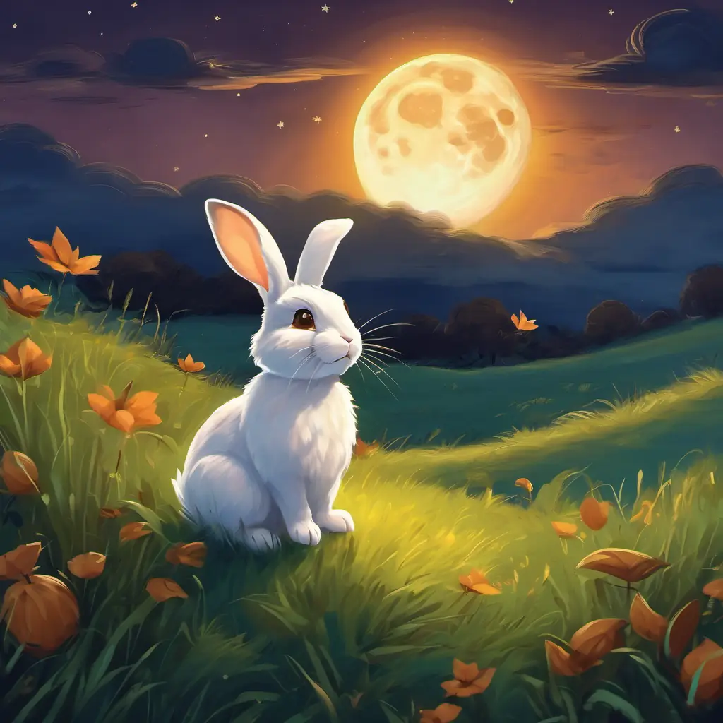 In a grassy meadow, Little Rabbit Little Rabbit Remy - small, fluffy rabbit with curious brown eyes gazes at the moon.