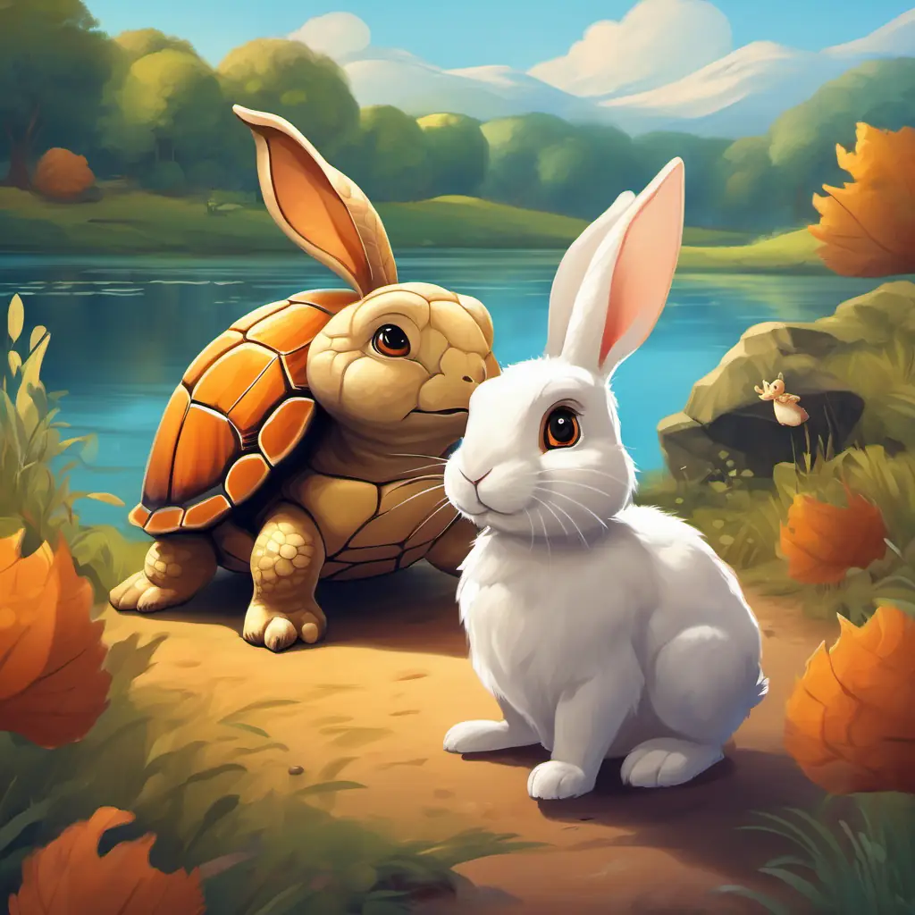 Little Rabbit Little Rabbit Remy - small, fluffy rabbit with curious brown eyes seeks advice from Wise Turtle - slow-moving turtle with kind and wise eyes near a serene lake.