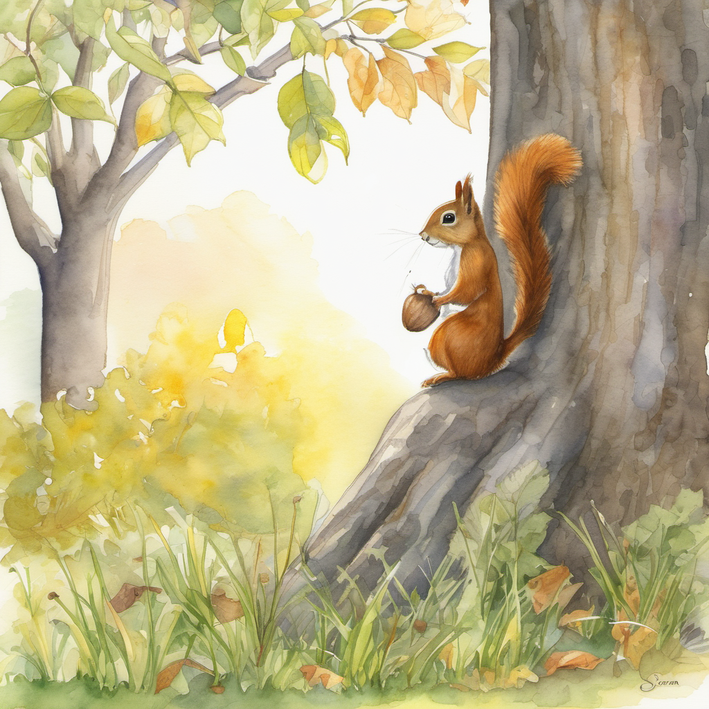 One sunny morning, Willow noticed a sad little squirrel named Sammy sitting at the base of the tree. Sammy's acorn collection had been accidentally knocked down by a mischievous rabbit, and he couldn't find them anywhere. Willow knew it was time to use its magic.