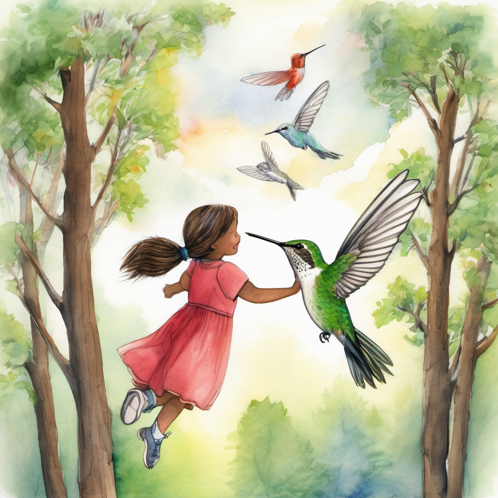 Willow knew just the character to help Benny. It called forth a friendly hummingbird named Ruby. Ruby had strong wings and offered to carry Benny on a special journey through the clouds. With a whoosh, they soared high above the trees, and Benny experienced the joy of reaching greater heights than ever before.