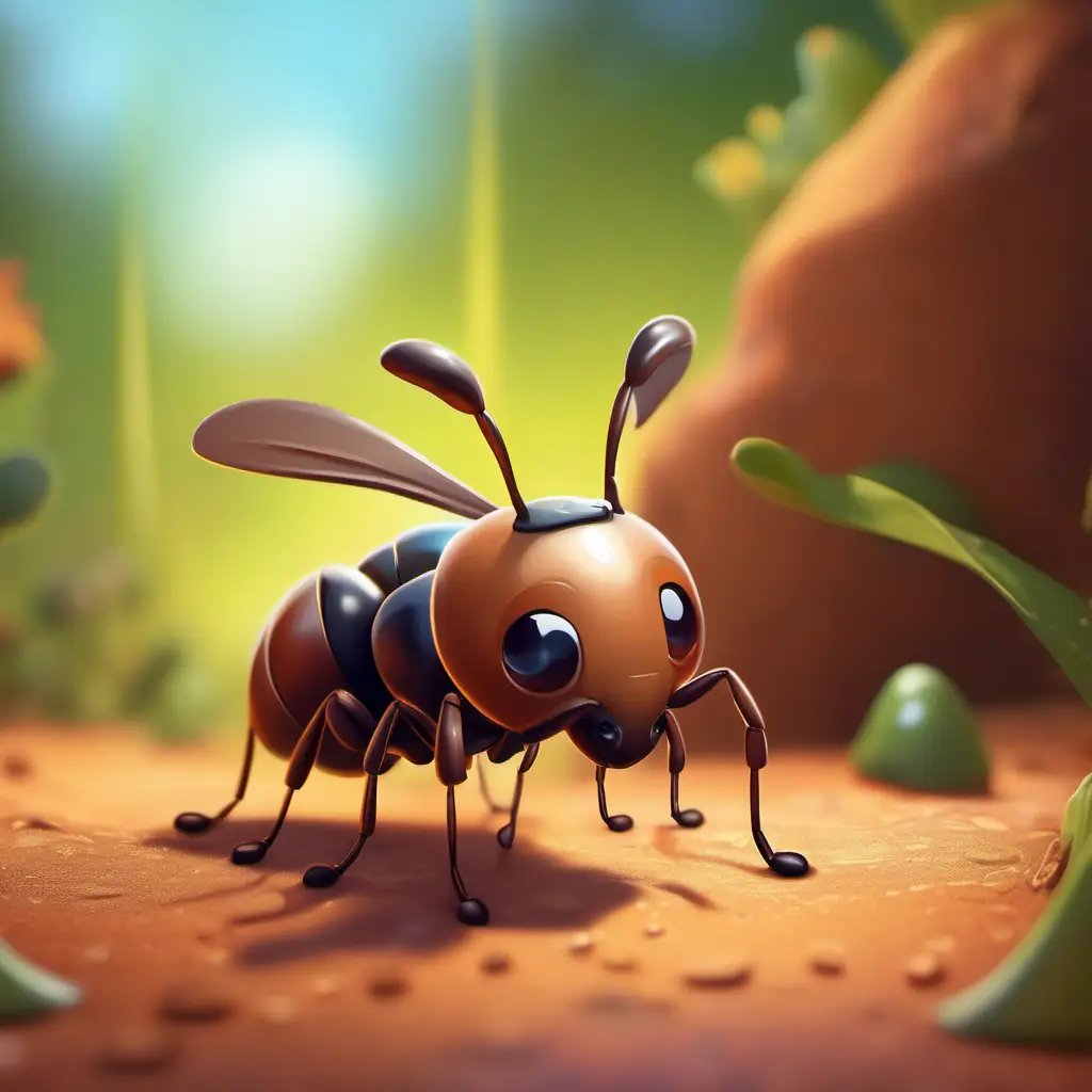 Introducing Antville and Small, hardworking ant, brown with big, kind eyes, busy and determined.