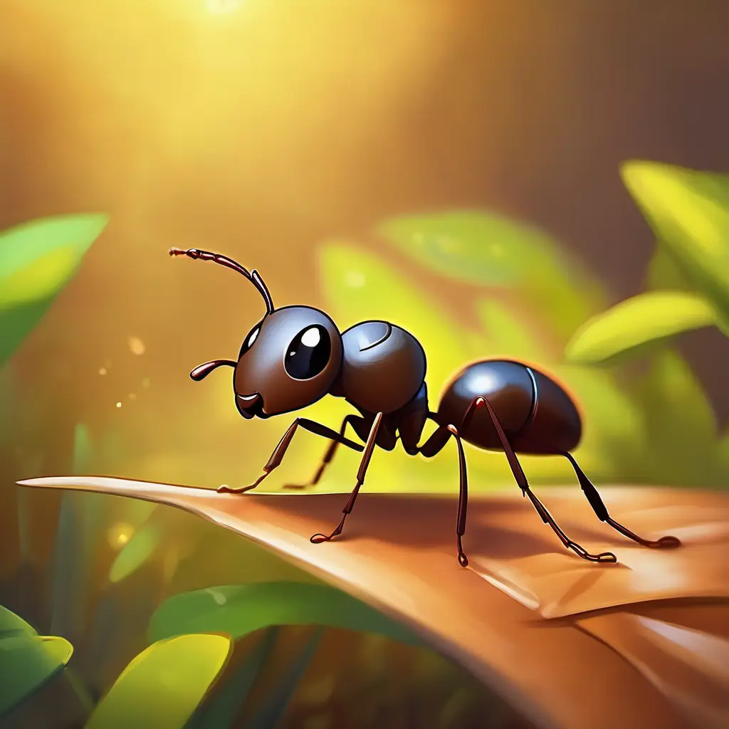 Small, hardworking ant, brown with big, kind eyes becomes a role model for young ants.