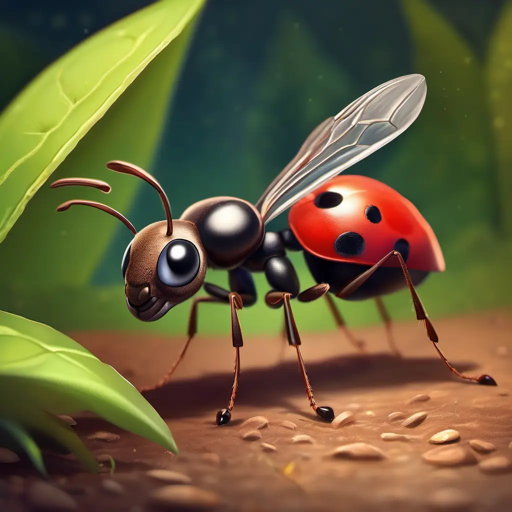 Small, hardworking ant, brown with big, kind eyes discovers a ladybug in trouble.