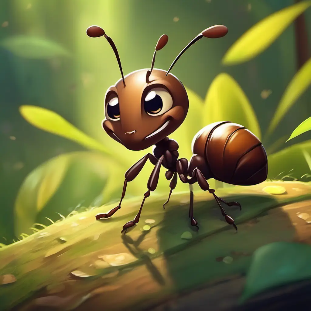 Small, hardworking ant, brown with big, kind eyes proves his bravery and kindness.