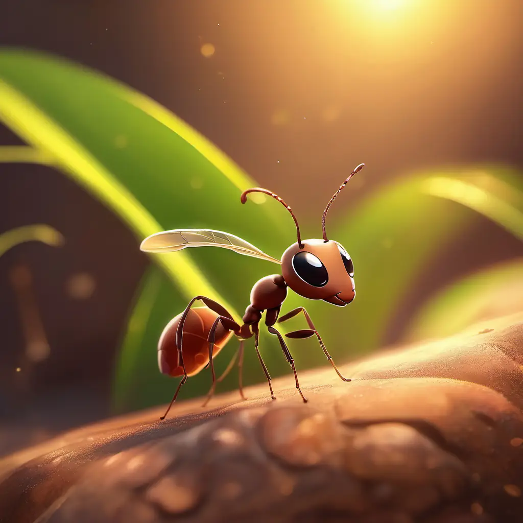 Small, hardworking ant, brown with big, kind eyes experiences personal validation and joy.