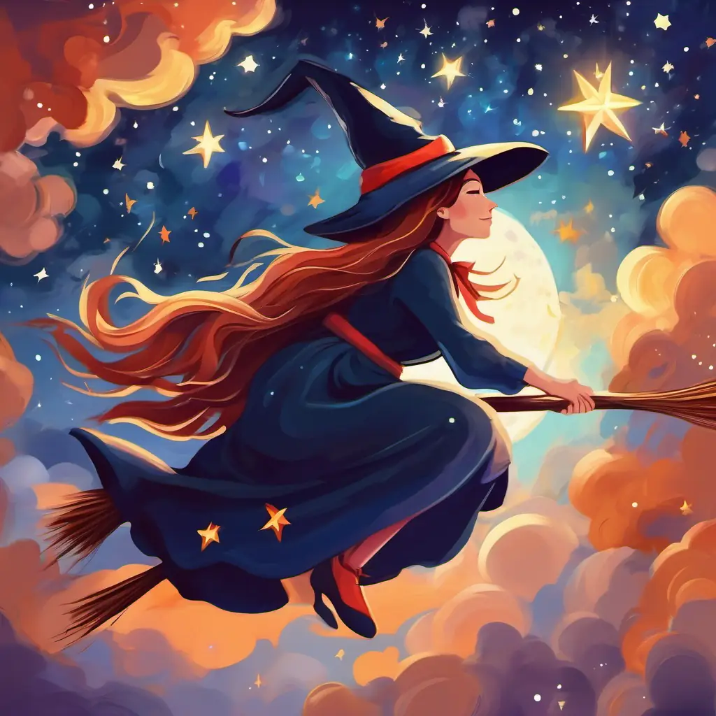 Character: Witch dreaming of flying on a broom among stars.