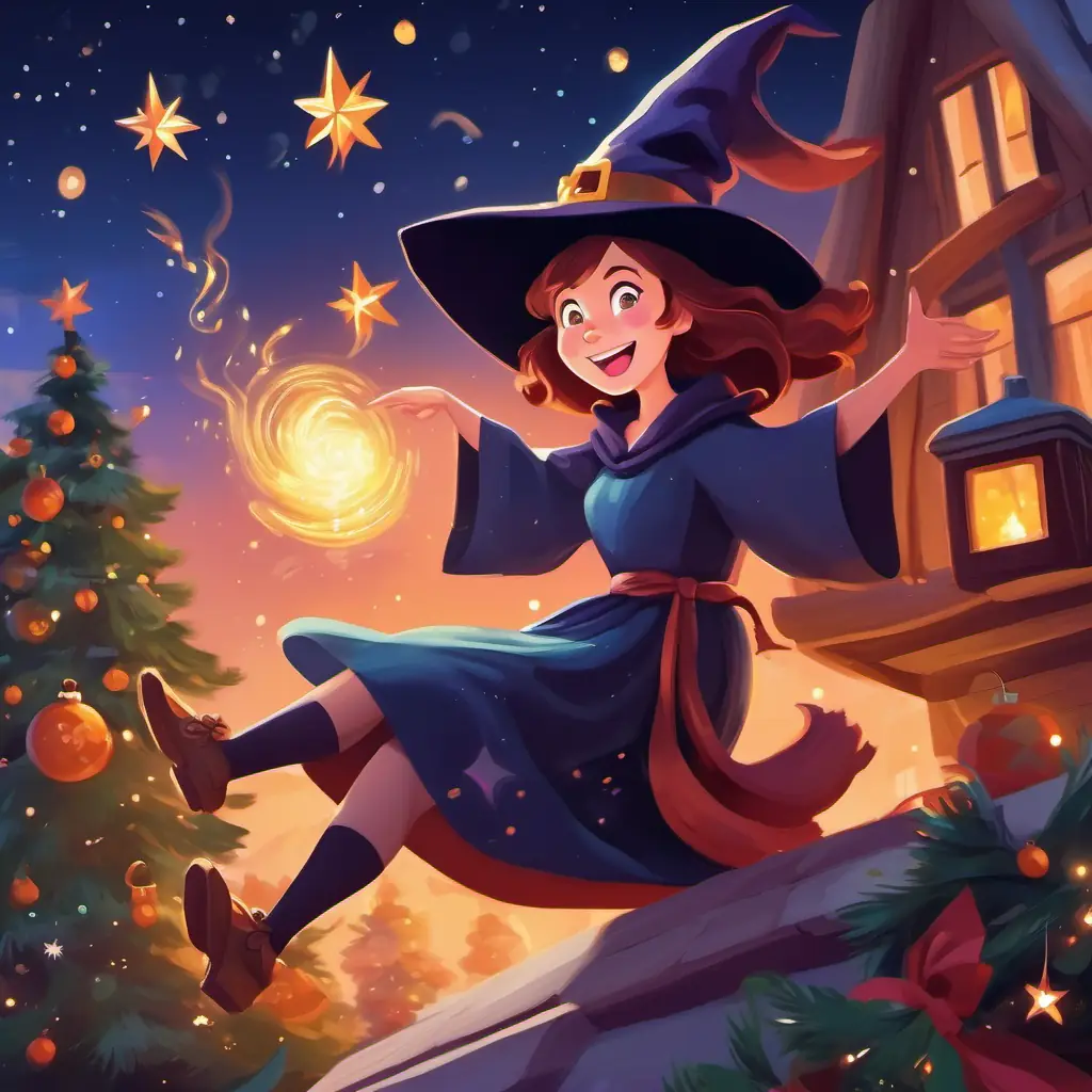 Character: Witch laughing and casting spells at stars.