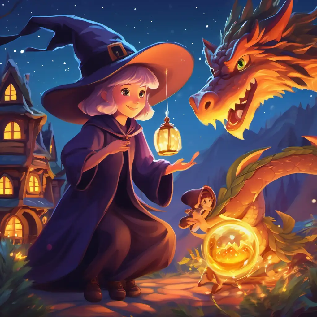 Character: Witch using magic to calm dragon and guide it home.