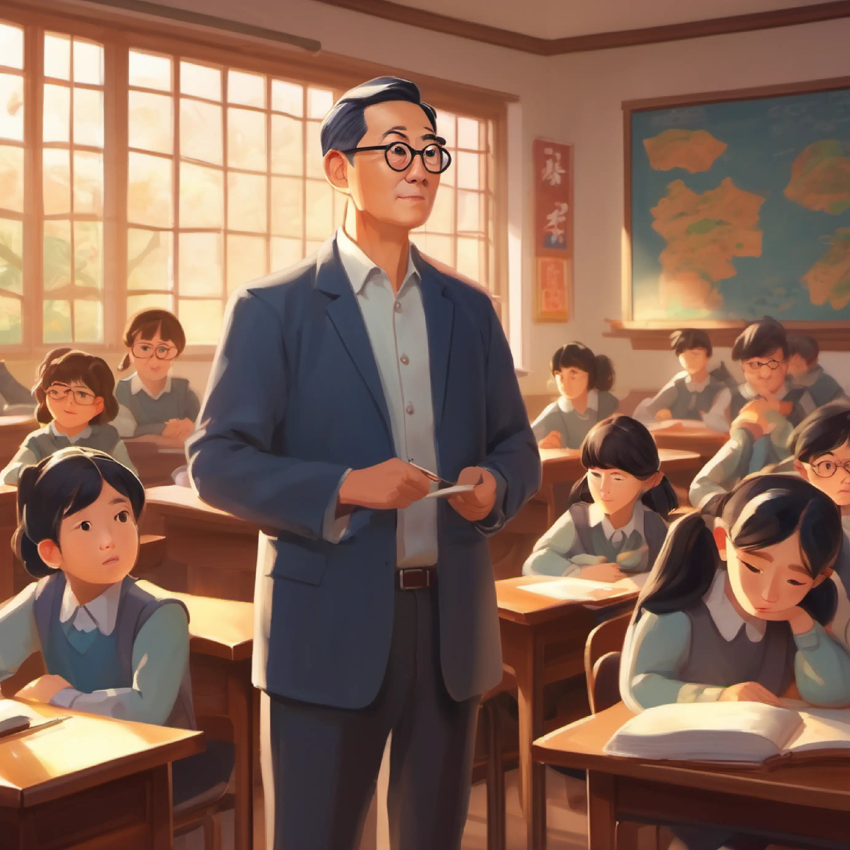 Mr Gao, a thoughtful teacher with a kind face and glasses's classroom with restless students, introduction to the problem.