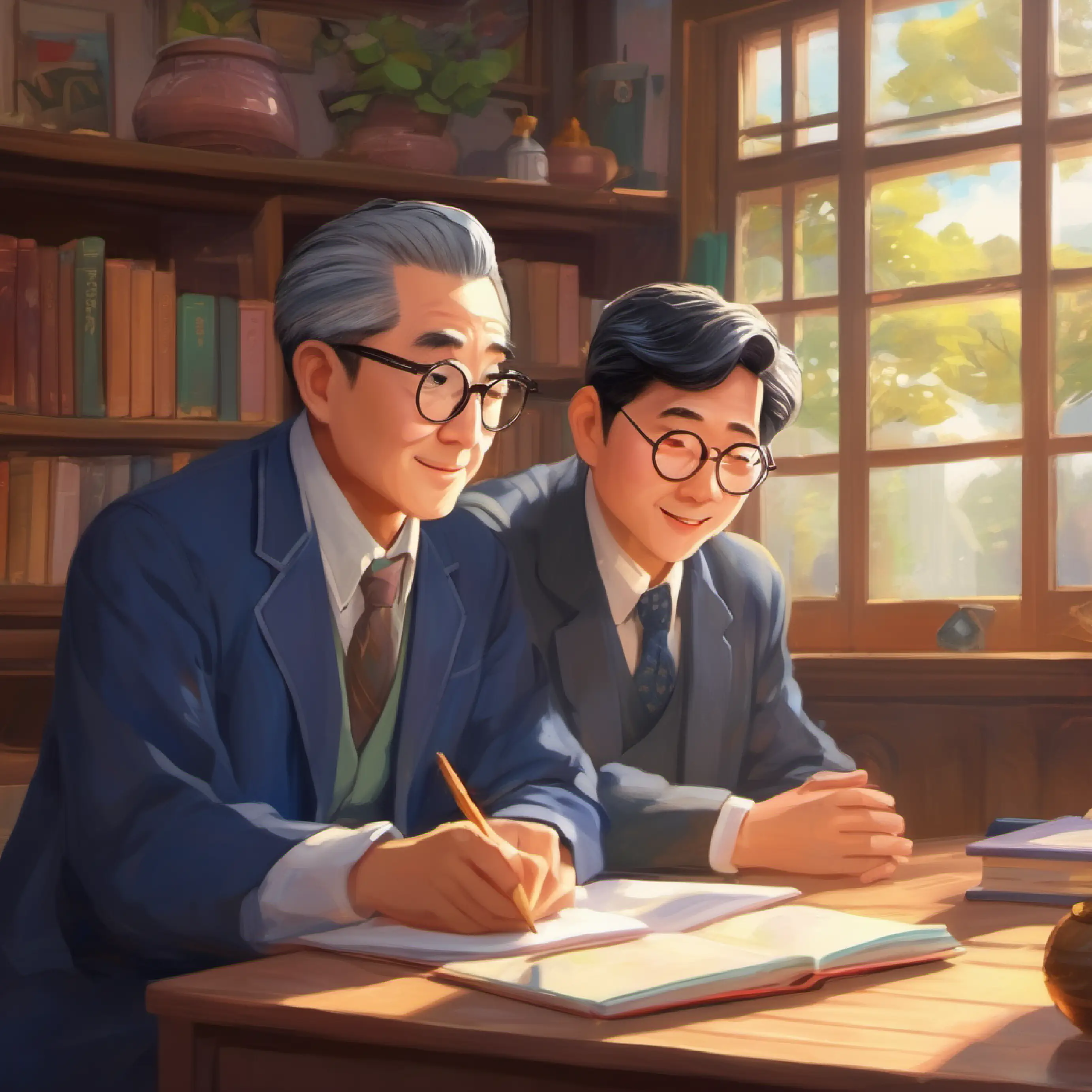 The dialogue between Mr Gao, a thoughtful teacher with a kind face and glasses and Professor Wang, wise with sparkly eyes and an encouraging smile about happy students.