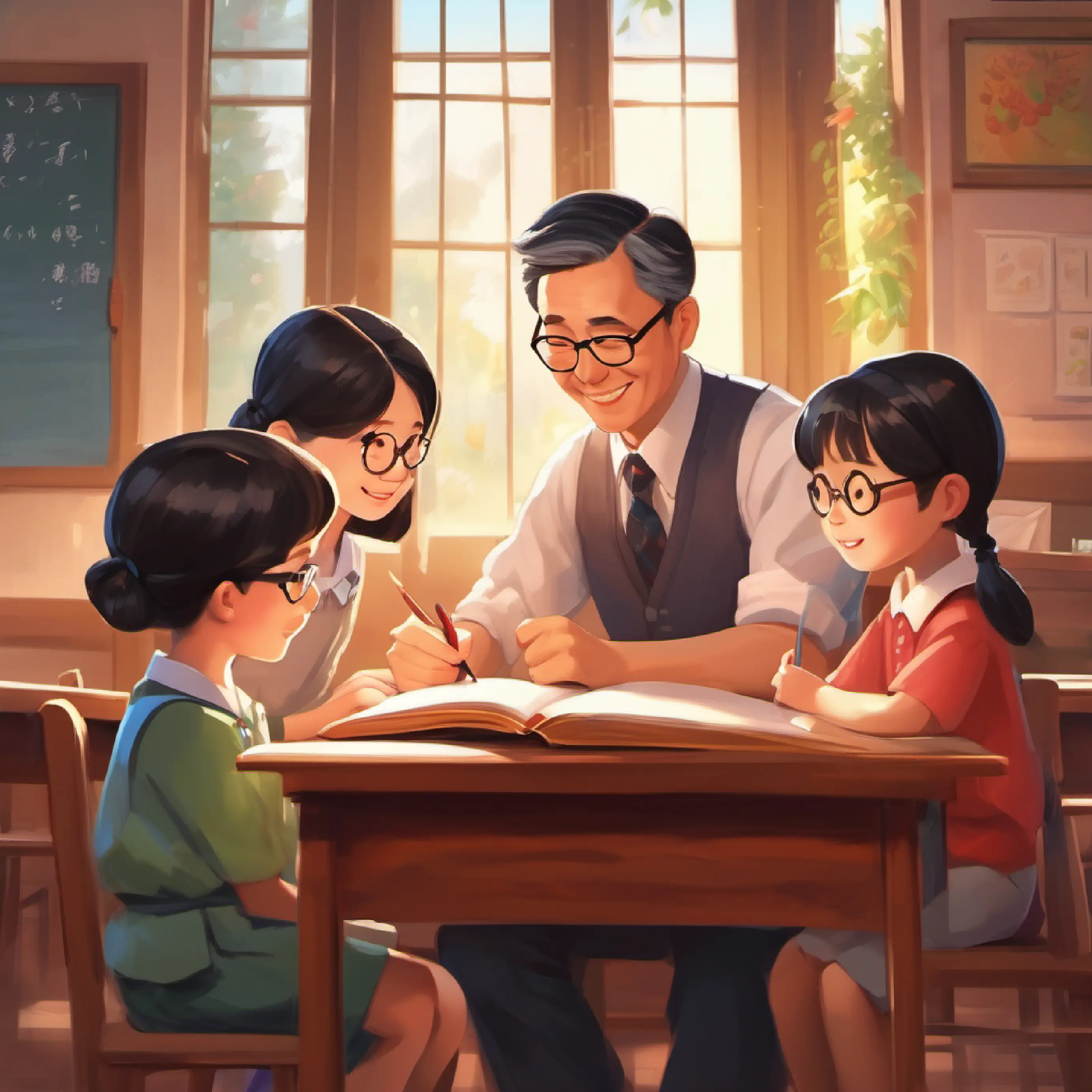 The happy ending with Mr Gao, a thoughtful teacher with a kind face and glasses and his students enjoying the new teaching method.