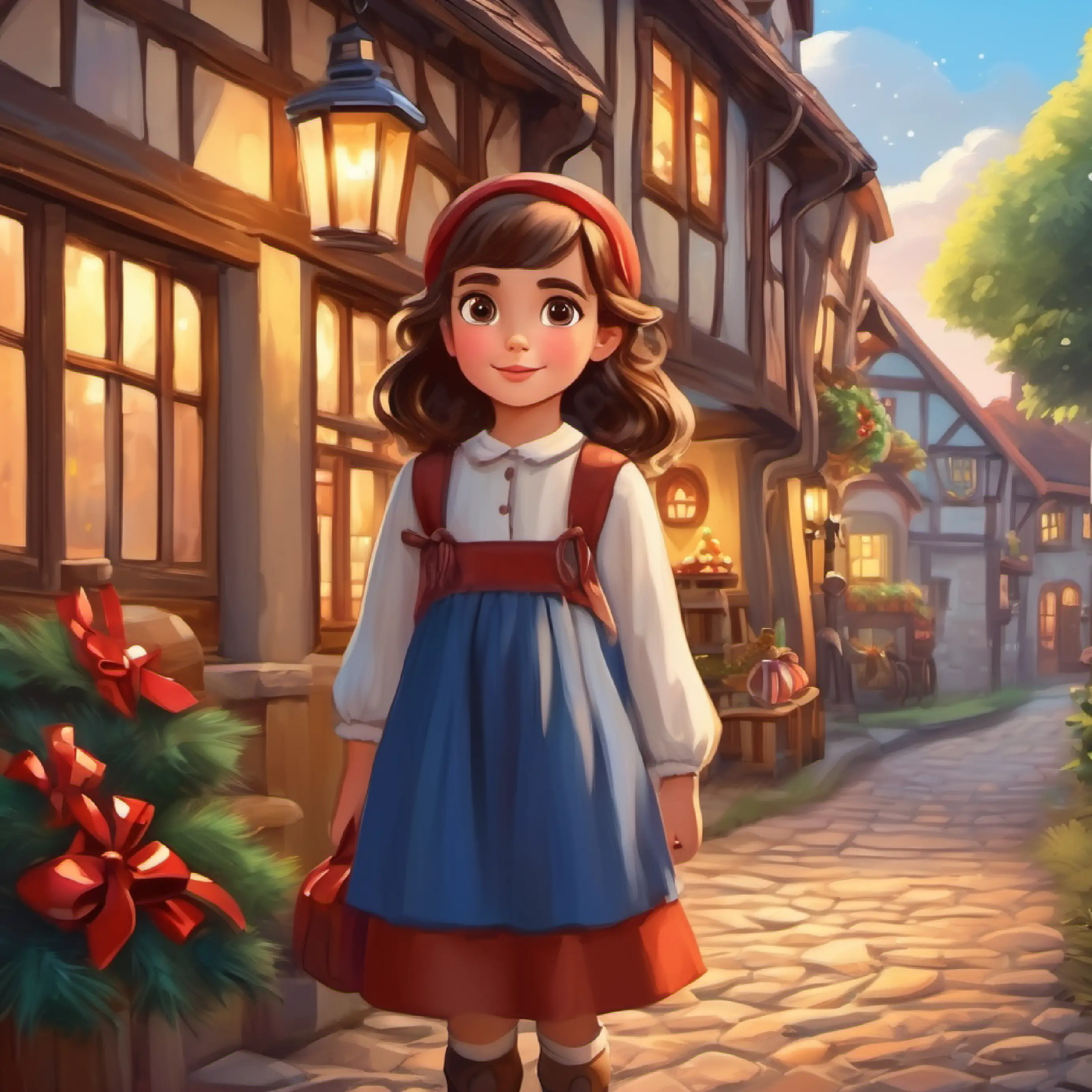 Curious girl, brown hair, big bright eyes arrives in a quaint village setting