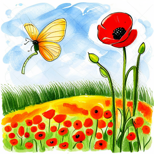 Poppy meets the butterfly in the sunny meadow