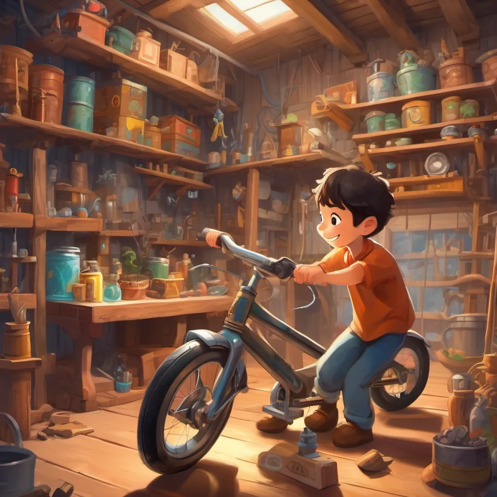 A young boy with twinkling eyes and a big smile, looking at various supplies to build a flying bicycle in his garage.