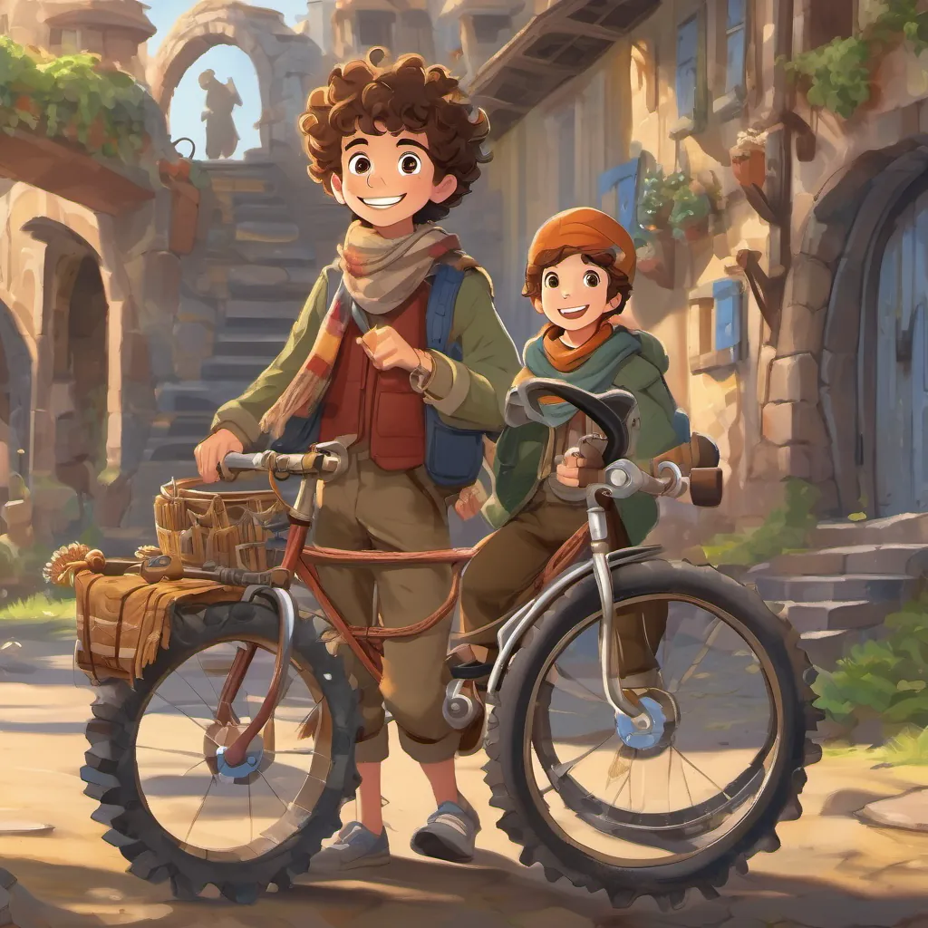 A young boy with curly hair, bright eyes, and a big smile, wearing a scarf and ready for adventure surrounded by old bicycle wheels, assorted gears, and a propeller, looking excited and enthusiastic.