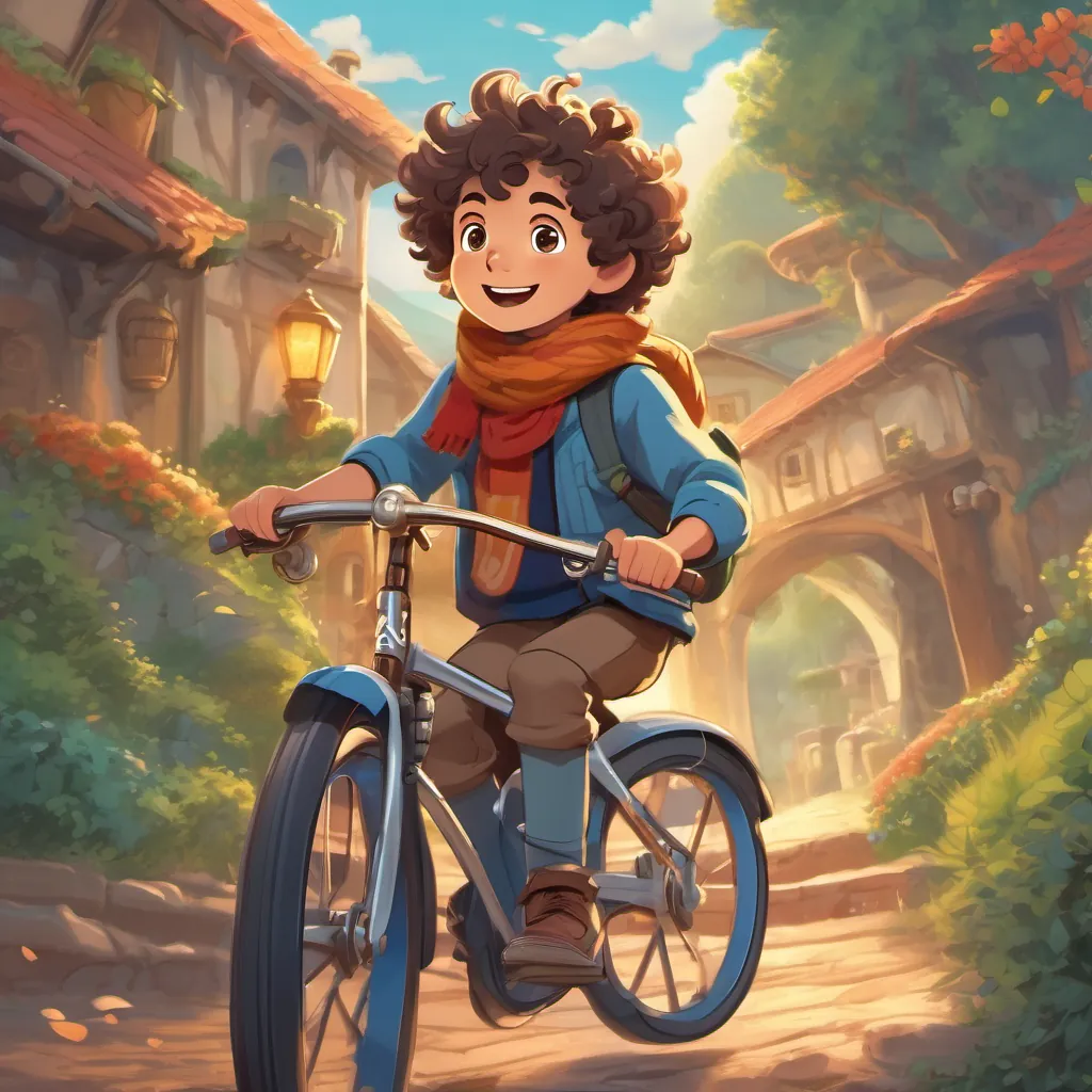 A young boy with curly hair, bright eyes, and a big smile, wearing a scarf and ready for adventure excitedly sharing his flying bicycle adventure with his friends, who are listening with wide-eyed wonder.