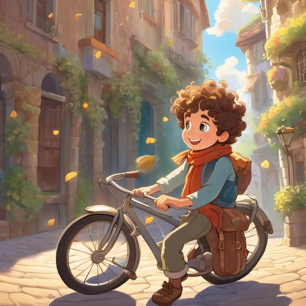 A young boy with curly hair, bright eyes, and a big smile, wearing a scarf and ready for adventure flying his bicycle with the sun high in the sky, feeling happy and content, as the story ends on a high note with a goodbye.