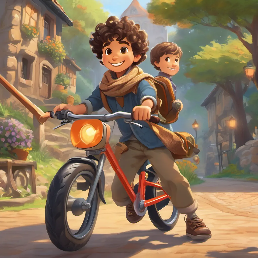 A young boy with curly hair, bright eyes, and a big smile, wearing a scarf and ready for adventure working diligently with tools, creating his flying bicycle, sounding effects like 'Zoom' and 'Clank' in the background.