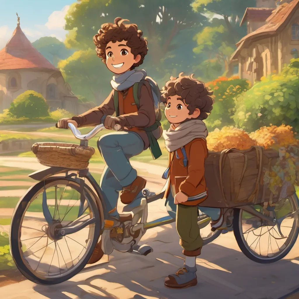 A young boy with curly hair, bright eyes, and a big smile, wearing a scarf and ready for adventure standing by his newly-built flying bicycle, which glows in the morning sunlight, tying a scarf around his neck.