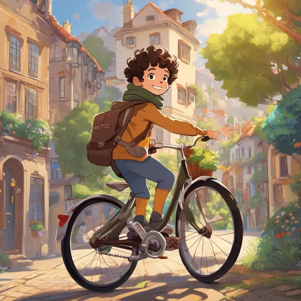 A young boy with curly hair, bright eyes, and a big smile, wearing a scarf and ready for adventure flying on his bicycle above the town, the scenery below appearing tiny and full of charm, A young boy with curly hair, bright eyes, and a big smile, wearing a scarf and ready for adventure cheering with joy.