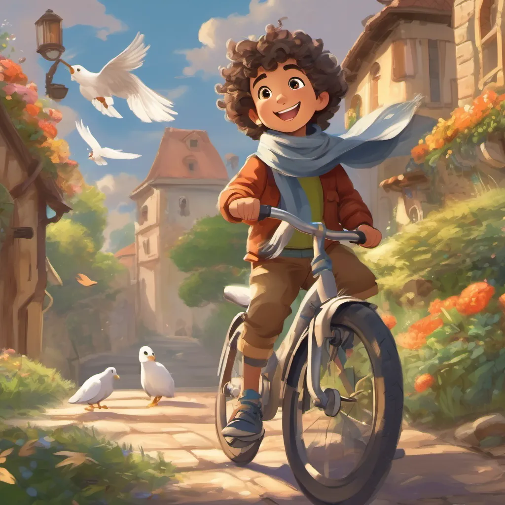 A young boy with curly hair, bright eyes, and a big smile, wearing a scarf and ready for adventure flying his bicycle while looking down, spotting a kitty and a dove, feeling wonder and excitement.