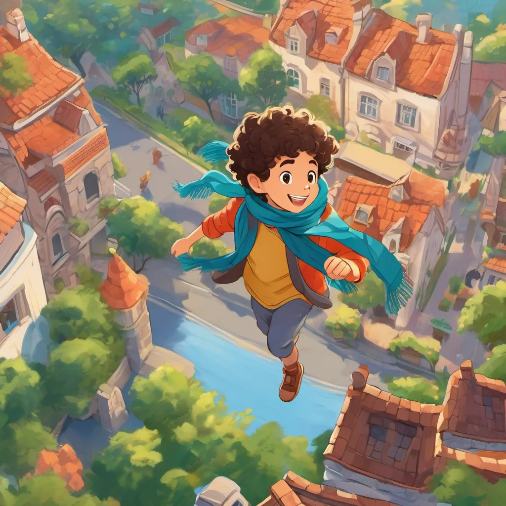 A young boy with curly hair, bright eyes, and a big smile, wearing a scarf and ready for adventure observing rooftops, trees, parks, and his friends playing along with dogs running, A young boy with curly hair, bright eyes, and a big smile, wearing a scarf and ready for adventure delighting in the aerial view.
