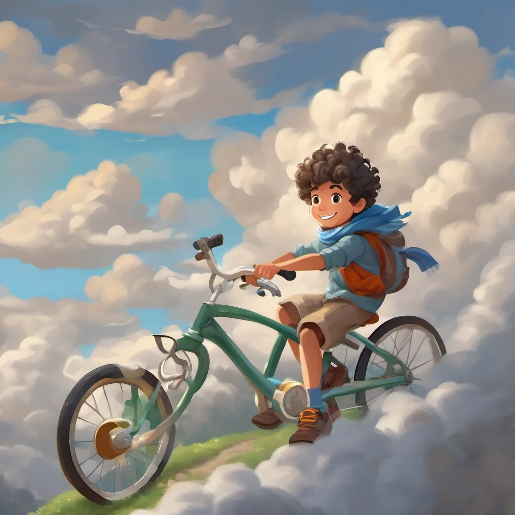 A young boy with curly hair, bright eyes, and a big smile, wearing a scarf and ready for adventure confidently steering his bicycle through a puffy gray cloud, showing determination and courage.