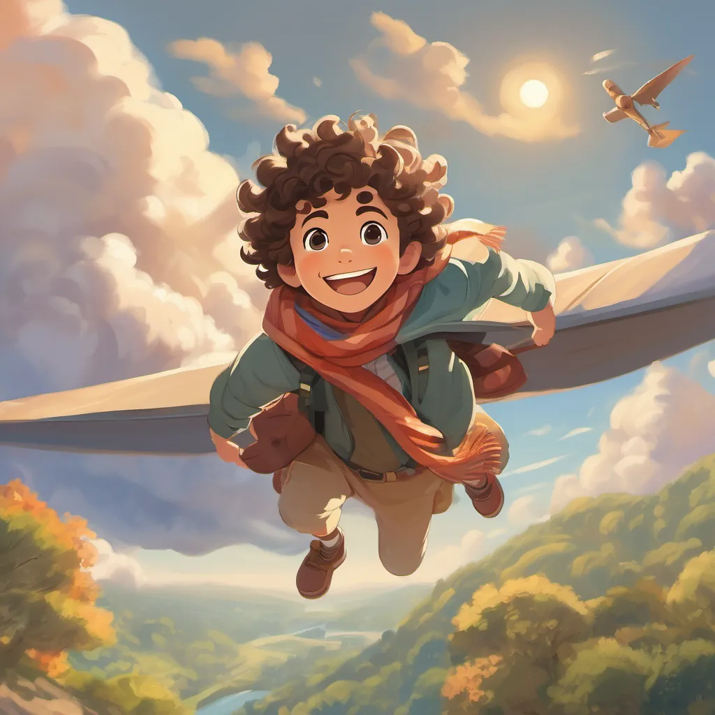 A young boy with curly hair, bright eyes, and a big smile, wearing a scarf and ready for adventure flying under a bright sun after passing through the cloud, smiling proudly, and feeling that the adventure was perfect.