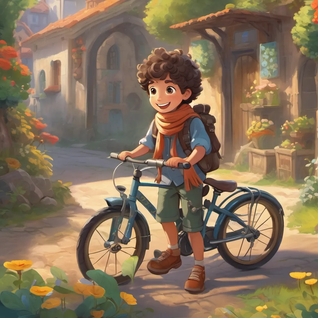 A young boy with curly hair, bright eyes, and a big smile, wearing a scarf and ready for adventure standing proudly beside his flying bicycle, feeling accomplished, recalling his wonderful aerial adventure.