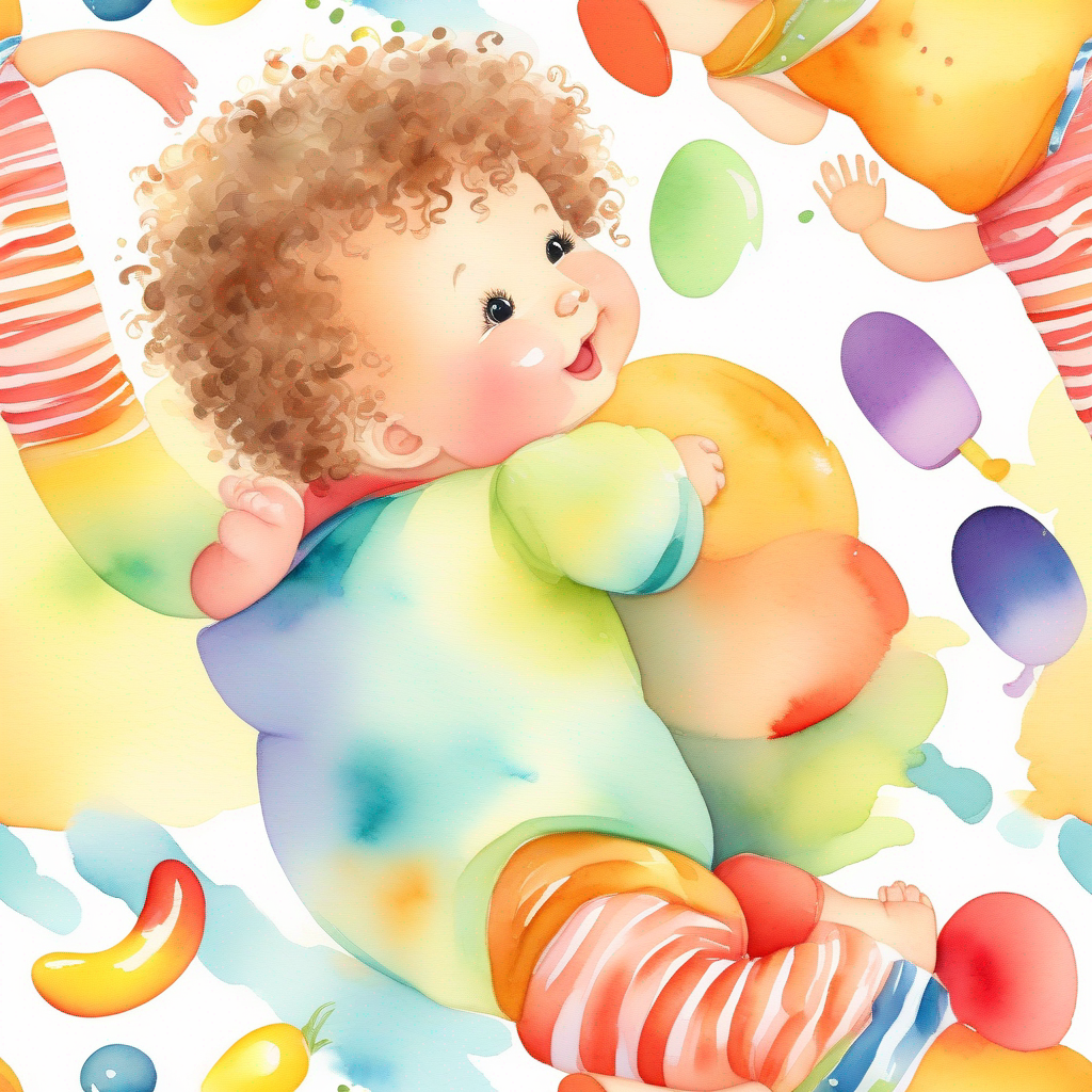 Cute baby with curly hair, wearing a colorful onesie crawling in a sunny room with colorful toys