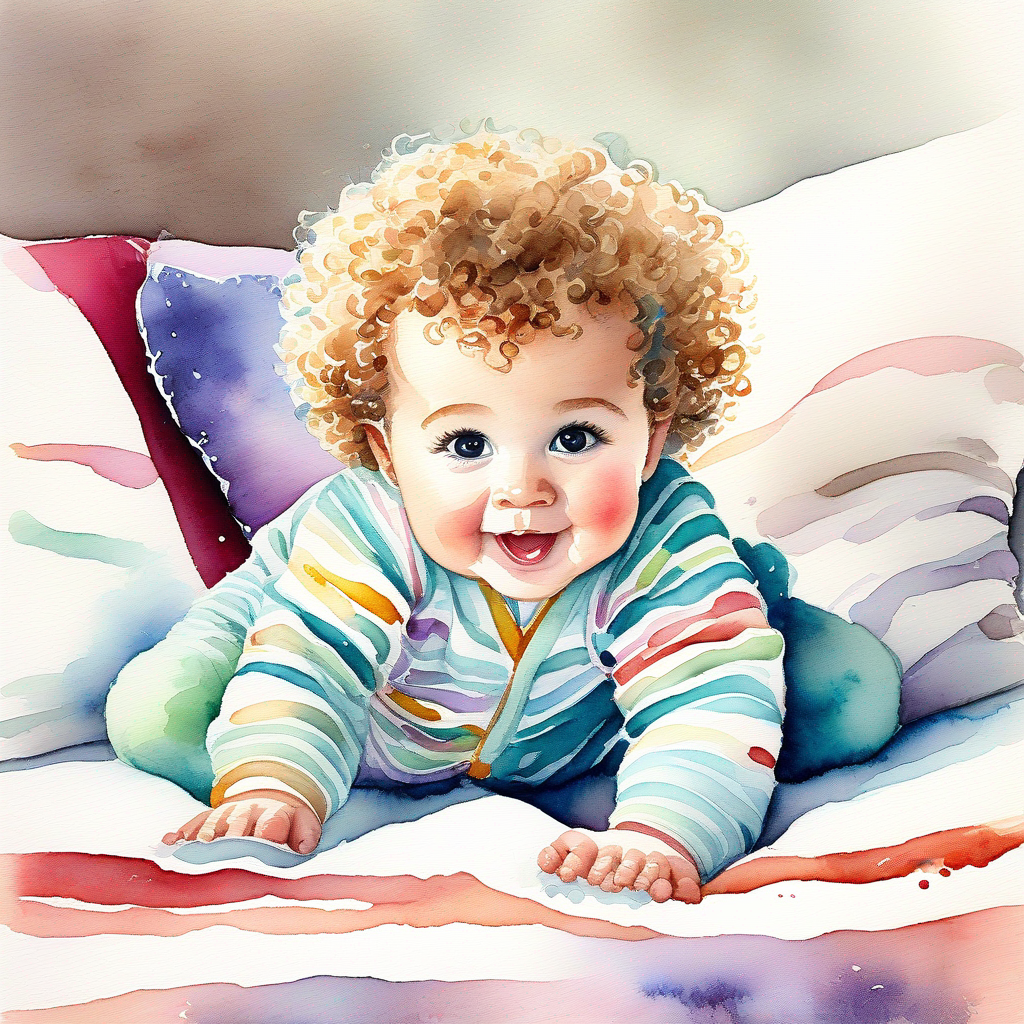 Cute baby with curly hair, wearing a colorful onesie crawling under a table and over pillows