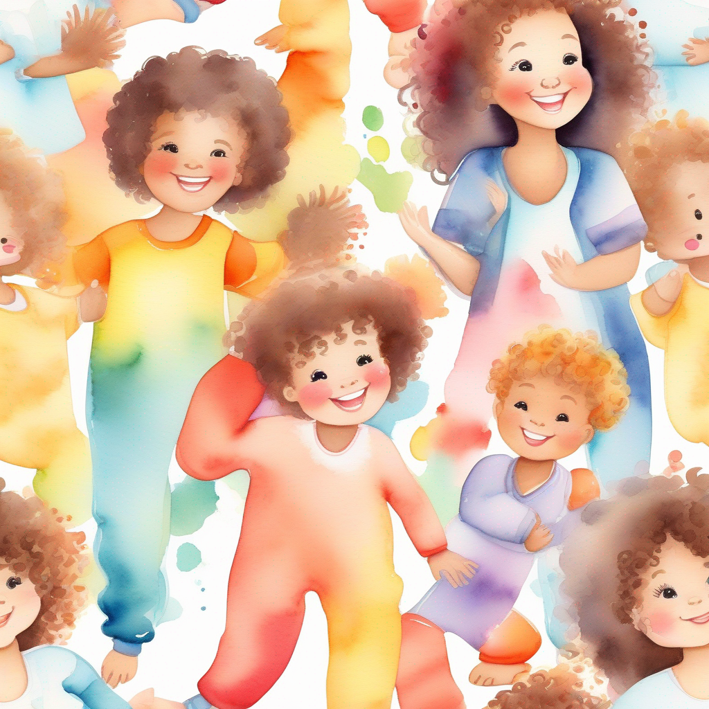 Cute baby with curly hair, wearing a colorful onesie's family smiling and clapping for her