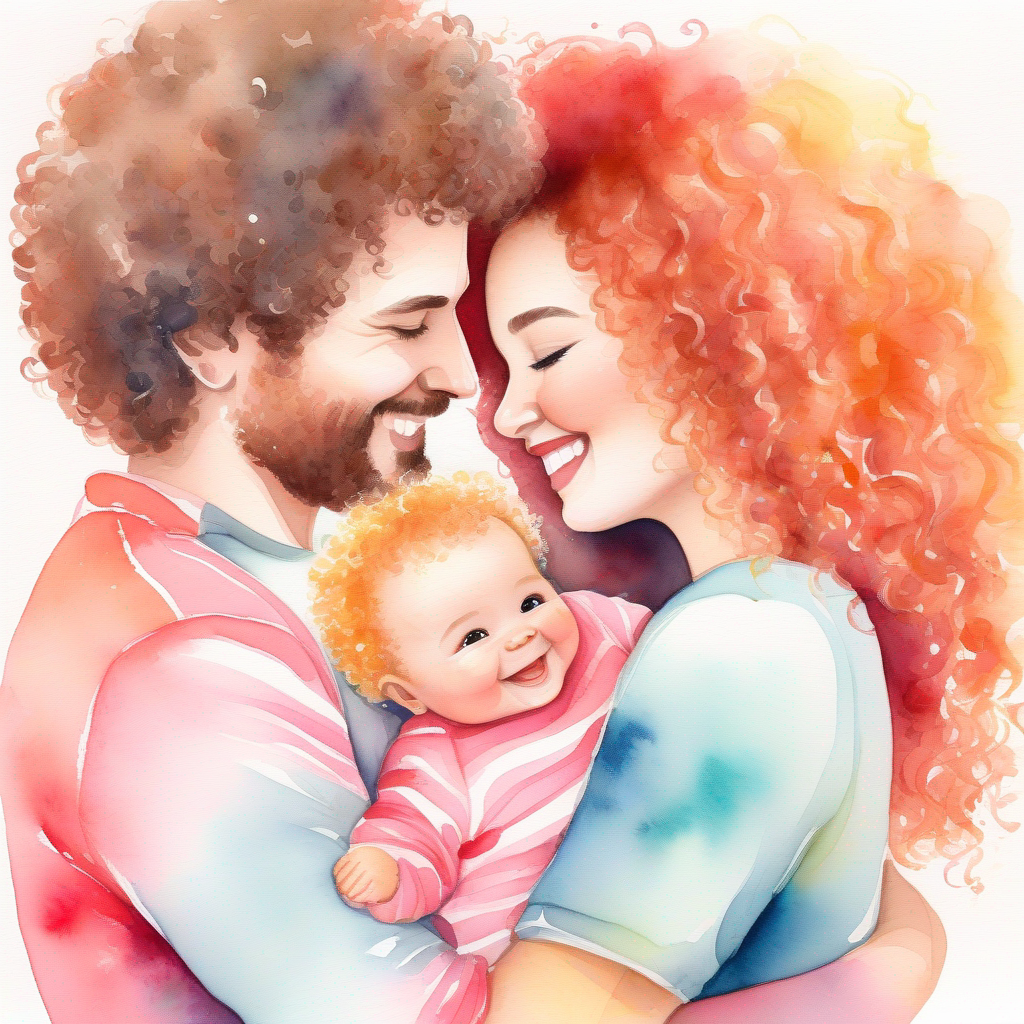Cute baby with curly hair, wearing a colorful onesie's mommy and daddy hugging her and smiling