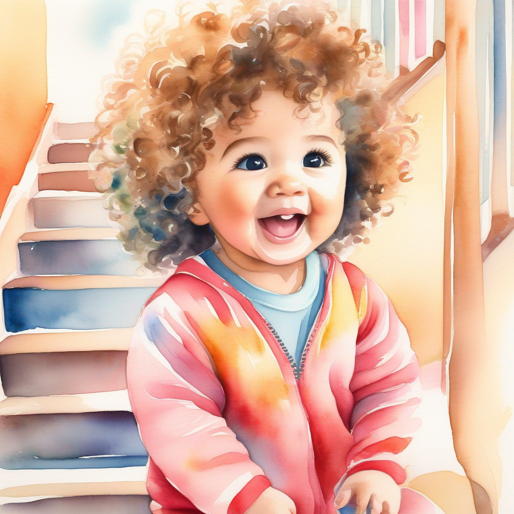 Cute baby with curly hair, wearing a colorful onesie crawling up the stairs with family supporting her