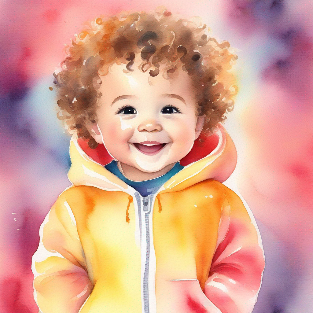 Cute baby with curly hair, wearing a colorful onesie smiling and feeling confident