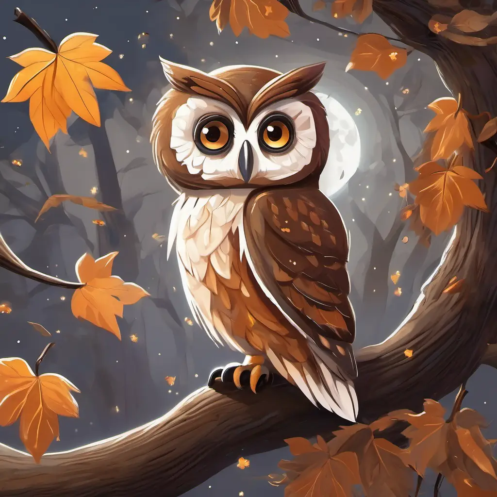 In a tree, A tiny seed with a big dream, brown color, bright sparkly eyes talks to the Wise owl with big brown eyes, gray and white feathers, looks thoughtful with wise eyes and feathers.