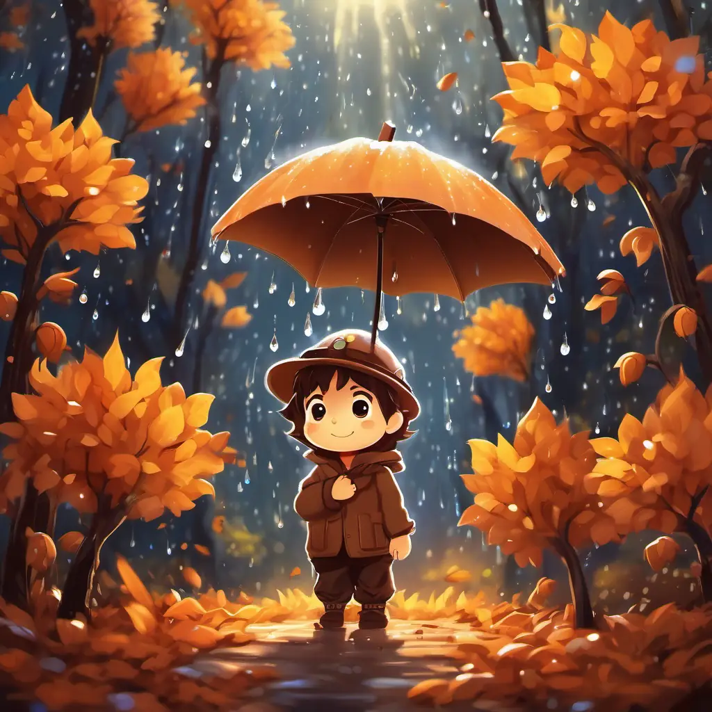 Under the warm sun, A tiny seed with a big dream, brown color, bright sparkly eyes stretches his leaves out, reaching towards the bright sky, with tiny drops of rain falling around him.